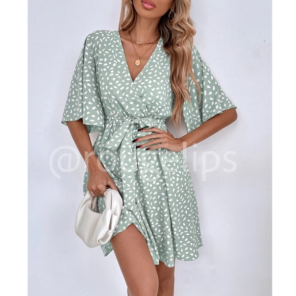 Rouge! Dresses & Skirts - Mint Green All Over Print Dress Dalmatian, Spotted Faux Wrap, Tie Belt Mini